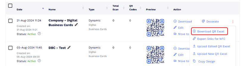 Click the three dots (more options) and then click ‘Download QR Excel’.