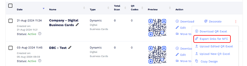 Click the three dots (more options) and then click ‘Export links for NFC’.