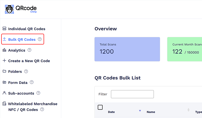Visit the dashboard and then click ‘Bulk QR Codes’ on the left panel.