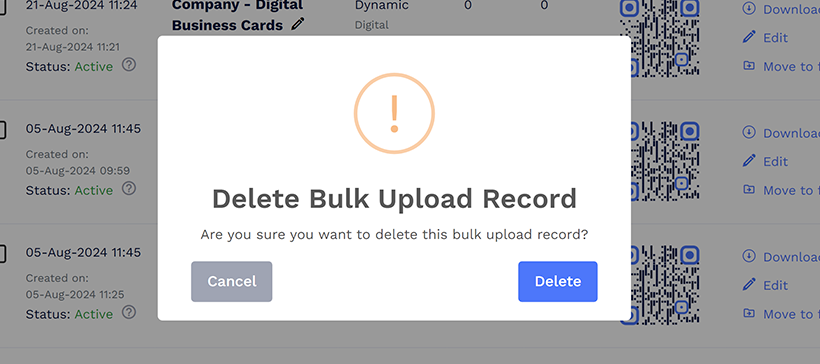 You will see a popup asking for confirmation. Click the ‘Delete’ button. The deleted digital business cards will be moved to ‘Trash’.
