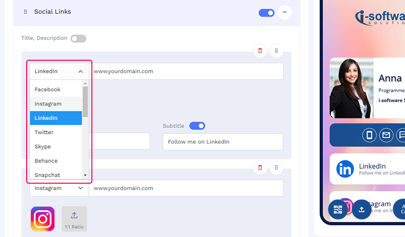 Choose icons that reflect your brand’s style. QRCodeChimp offers the platforms' default icons, but you can also upload your own.