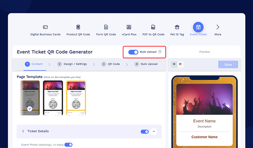 Turn on the bulk upload feature by clicking ‘Bulk Upload’ toggle, read the instructions carefully, and click ‘OK’.