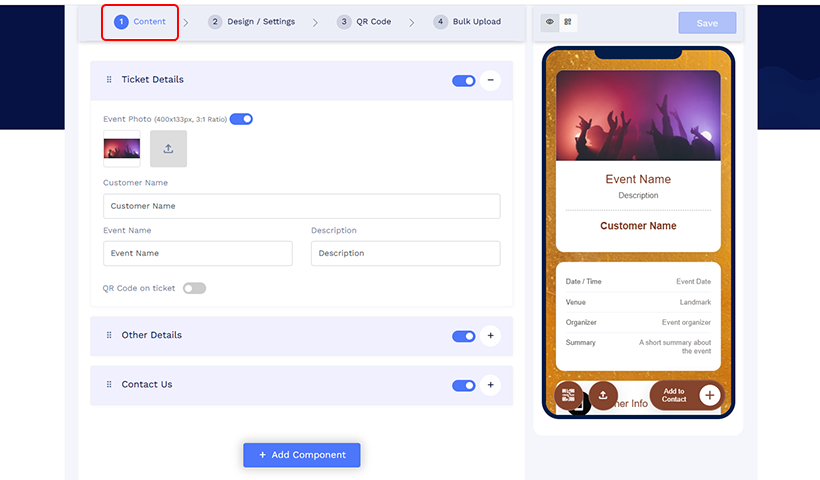In the ‘Content’ tab, fill in the required details. You can enable, disable, add, or delete the ticket components depending on your needs.