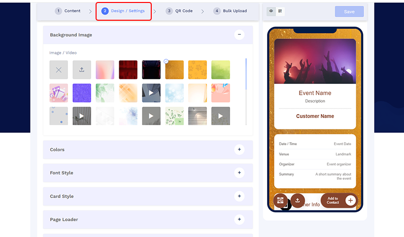 In the ‘Design/Settings’ tab, customize the ticket background, colors, fonts, card style, and page loader.