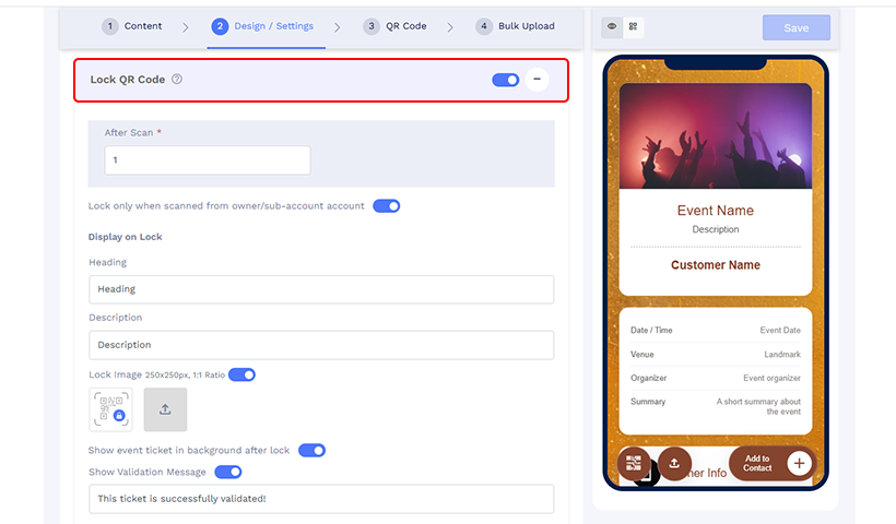 In the ‘Design/Settings’ tab, enable the ‘Lock QR code after scans’. Additionally, ensure the ‘Lock only when scanned from owner/sub-account account’ toggle is on, so the QR code locks only when scanned by the designated account device.