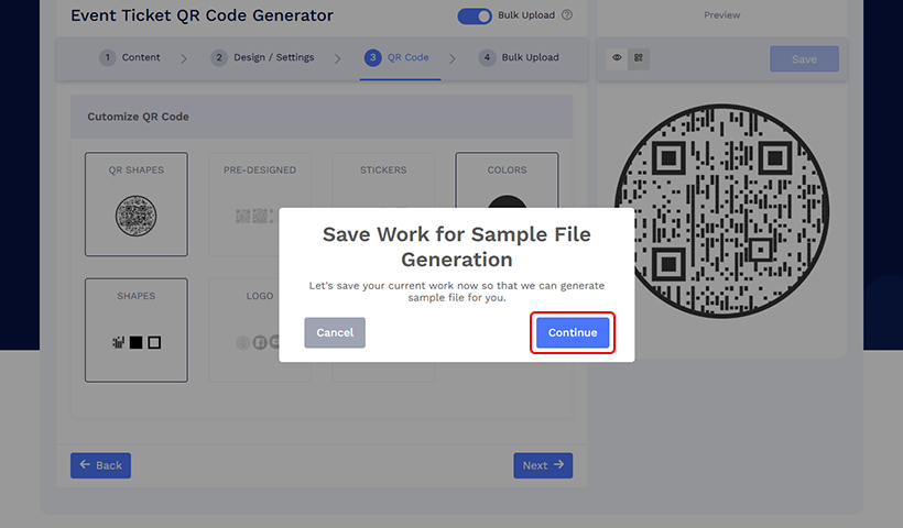 Click ‘Next’, and a pop-up will appear, prompting you to save your current work to generate a sample file. Click ‘Continue’.
