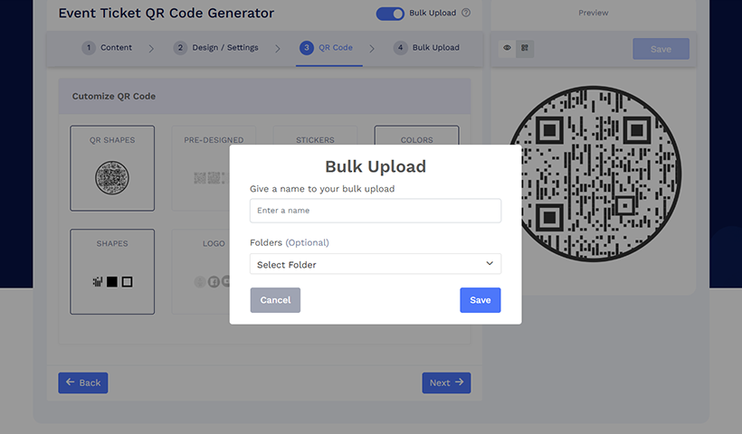 Name your Bulk Upload and choose the folder to save your QR codes. Click ‘Save’.