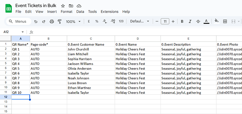 Fill in the customer details in the downloaded Excel sheet to create tickets for each attendee.