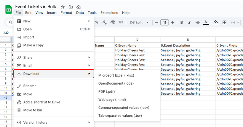 Save the filled-in Excel sheet in CSV, XLS, or XLSX format.
