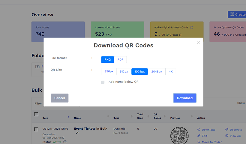 Select your preferred file format (PNG or PDF) and the QR code size (256px, 512px, 1024px, 2048px, or 4K). At last, click the ‘Download’ button.