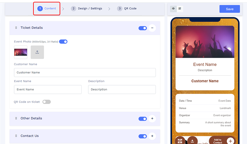In the ‘Content’ tab, input the required ticket details.