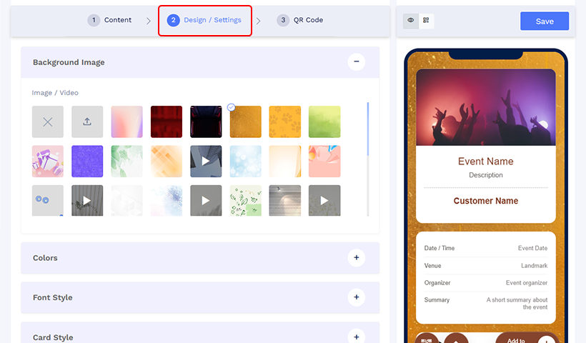 Click ‘Next’ to open the ‘Design/Settings’ tab. Customize the ticket’s colors, font style, card layout, and page loader settings to align with your event’s branding.