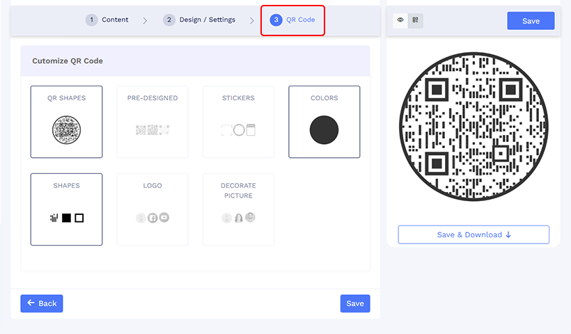 Click ‘Next’ to go to the ‘QR Code’ tab, and personalize your QR code with shapes, stickers, colors, or logos. Ensure that your customizations do not interfere with the QR code’s readability.