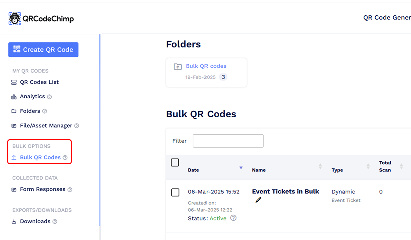 Find the ‘Bulk QR Codes’ in the sidebar menu and click it to locate your bulk ticket QR codes.