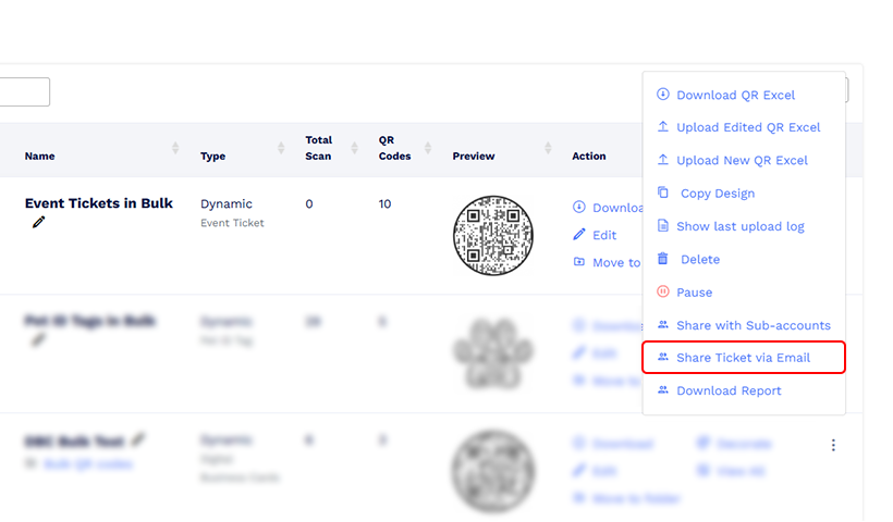 Select the ‘Share Ticket via Email’ option from the menu.