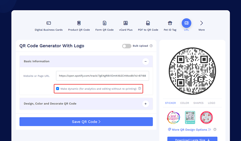 Check the ‘Make dynamic’ section to make a dynamic Spotify QR code.