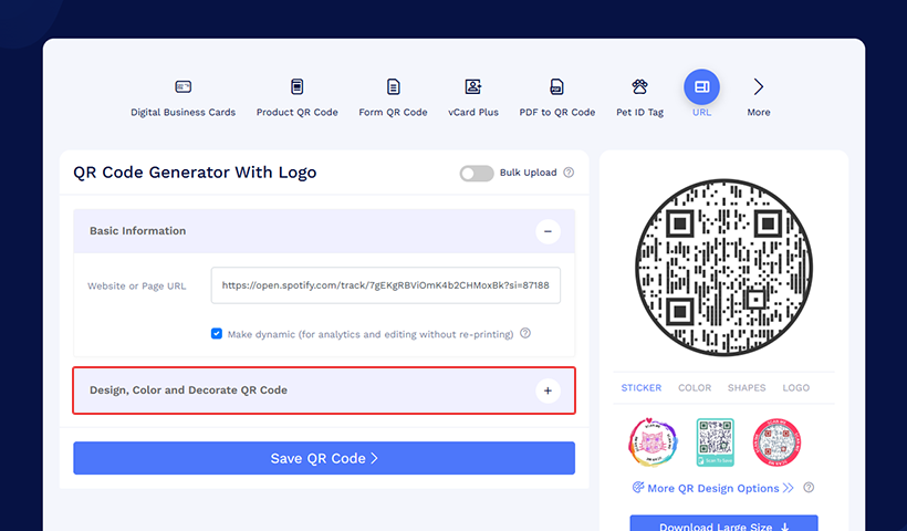 Click “Design, Color and Decorate QR Code” to customize your QR code.