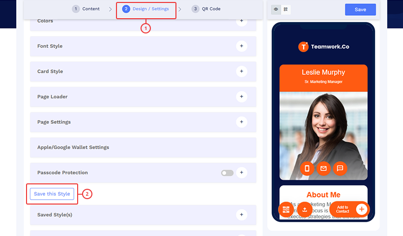 ‘Design / Settings’ tab
