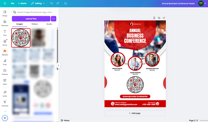 Drag and drop the QR code onto your Canva design. You can resize the code and place it wherever you want.