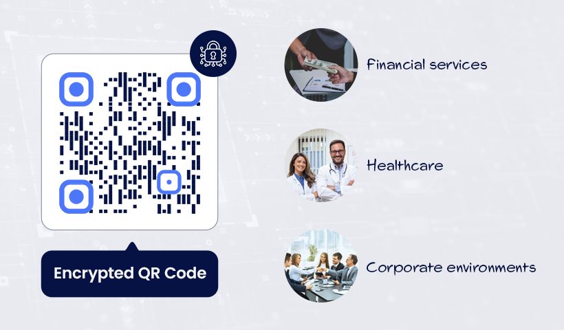 Where are encrypted QR codes used?
Financial services:
To secure payments, customer data, or transaction details.
Healthcare:
To safely share patient records, prescriptions, or test results.
Corporate environments:
To protect internal documents, employee IDs, or sensitive data.