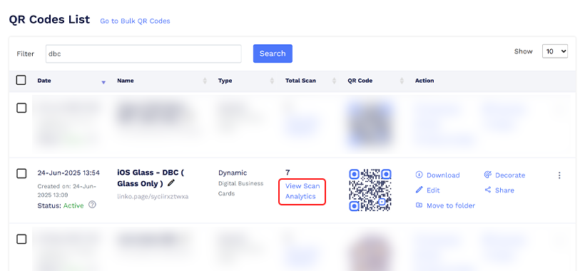 Click ‘View Scan Analytics’ for the selected QR code.