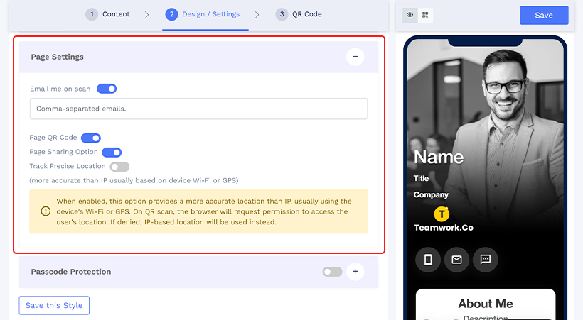 Navigate to the ‘Design/Settings’ tab. Scroll down, and find ‘Page Settings’