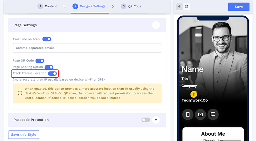 Enable ‘Track precise location’ by switching the toggle on. Then, save it