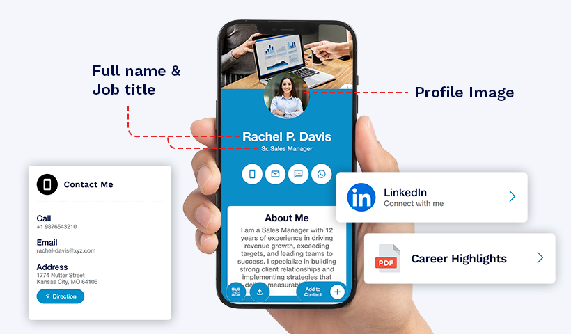 Smartphone showing a digital business card for job seekers with profile image, name, job title, contact details, about me section, LinkedIn link, and career highlights.