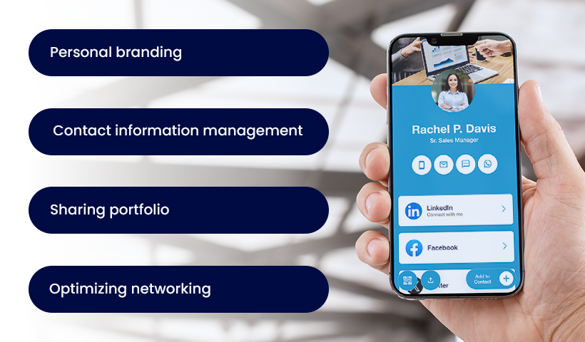 Person holding a smartphone displaying a digital business card, with text highlighting personal branding, contact management, portfolio sharing, and networking optimization.