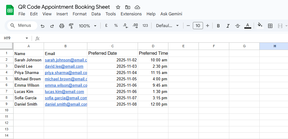 Google Sheets showing a filled “QR Code Appointment Booking Sheet” with names, emails, preferred dates, and preferred times.