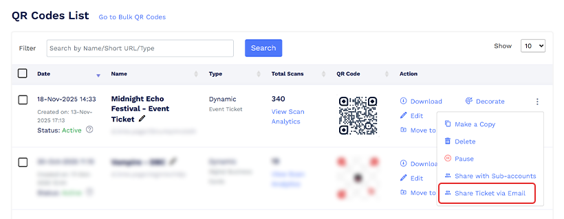 QR code list interface with menu option highlighted for sharing a ticket via email