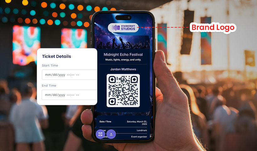 Person holding a phone showing an event ticket with highlighted brand logo and ticket details.