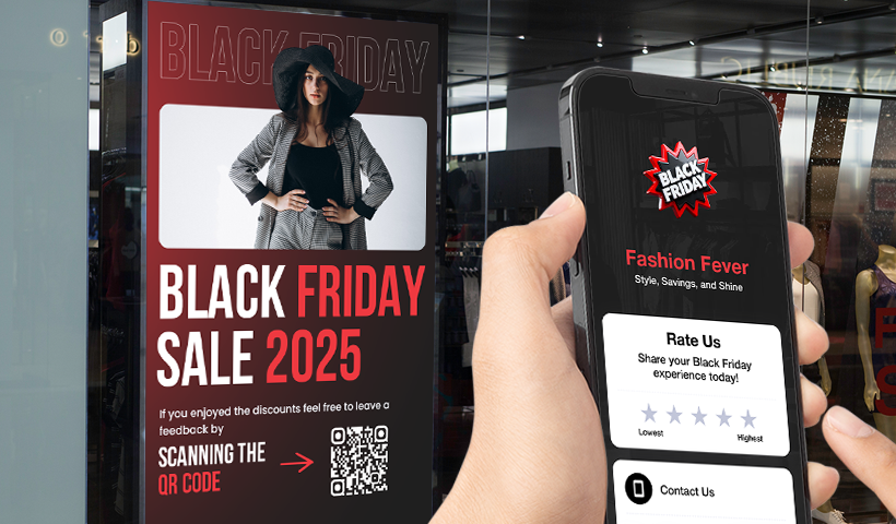 A person scans a Black Friday Sale 2025 poster featuring a fashion model and a QR code prompting feedback. The phone screen displays a "Fashion Fever" landing page with a "Rate Us" section and a 5-star rating scale.
