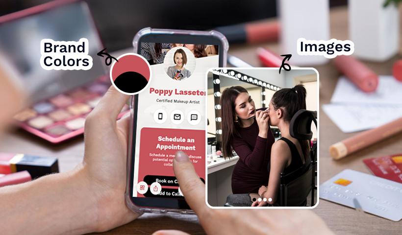 Digital business card customized with brand colors and portfolio images for a makeup artist.