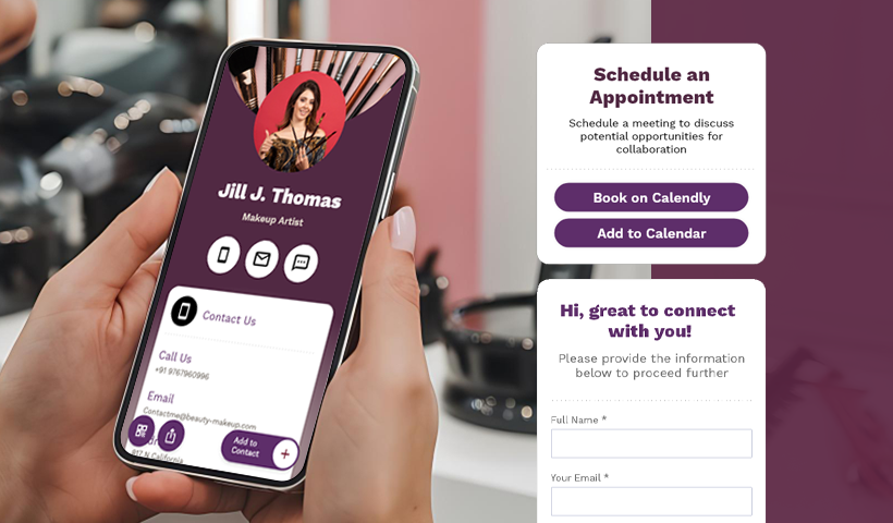 Makeup artist digital profile on a smartphone with contact details and booking options.