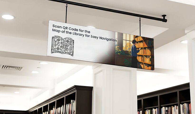 Hanging library sign with a QR code and text instructing visitors to scan for a library map.