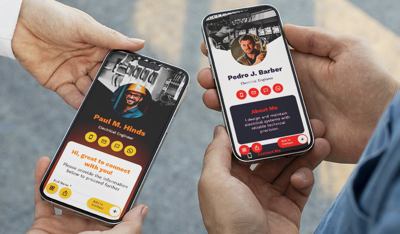 Two people holding smartphones displaying digital business cards for electricians side by side.