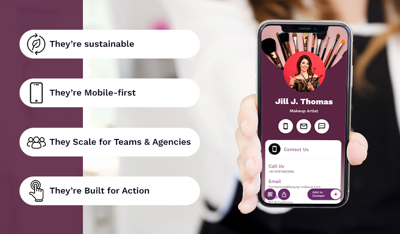 Smartphone displaying a makeup artist’s digital business card with benefits like mobile-first and action-driven design.