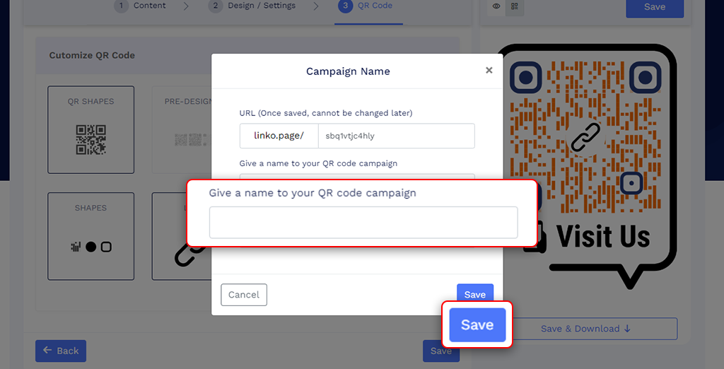Saving and downloading the Multi URL QR code for use and printing