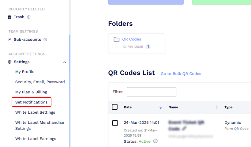 Analytics metrics at QRCodeChimp: set notification