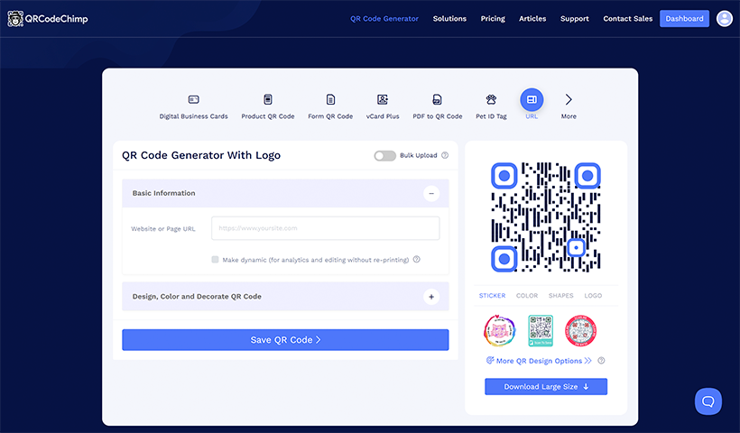 Pasul 2: Conectați-vă la QRCodeChimpVei ajunge în mod implicit pe pagina generatorului de coduri QR URL.
