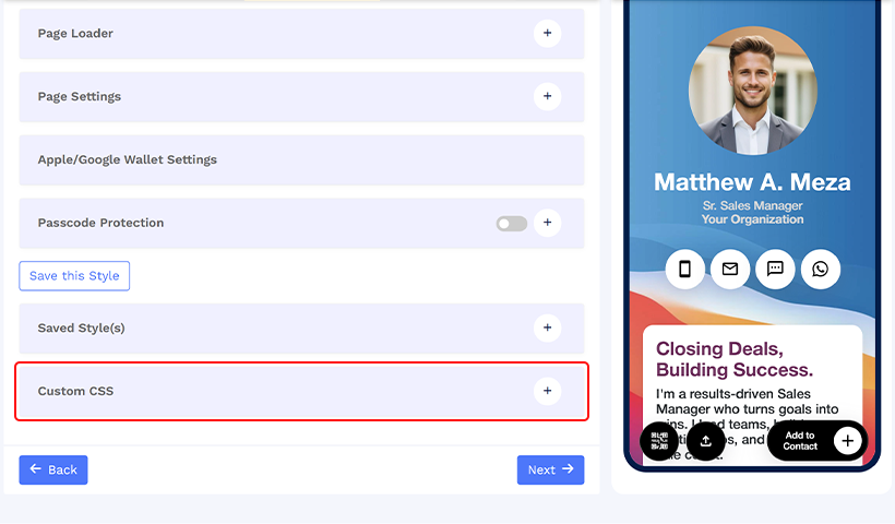 Faites défiler vers le bas et ouvrez la section CSS personnalisé.