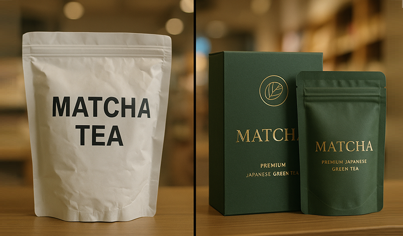 To forskellige matcha-mærker og deres emballage viser forskel på god og dårlig emballage.