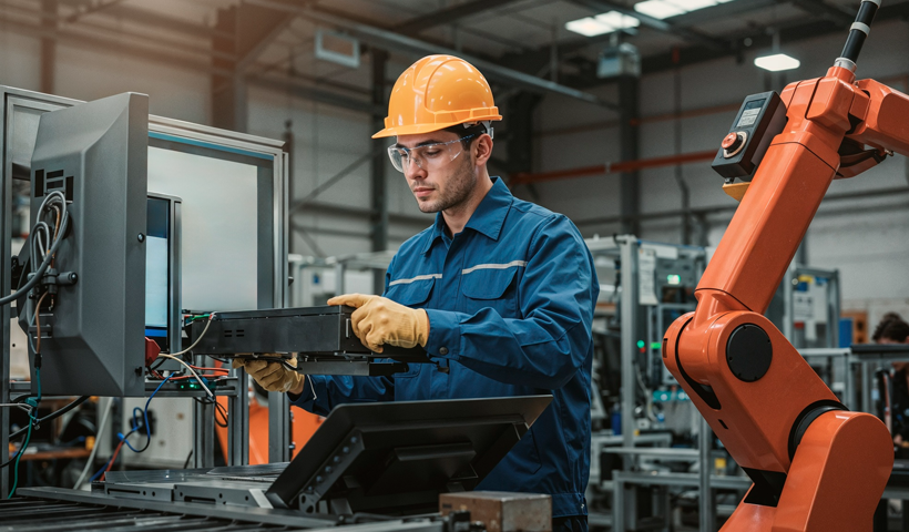 A factory worker in protective gear operating machinery and inspecting a component in a modern automated manufacturing facility.