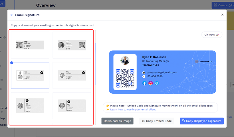 Choose a preferred email signature template from the pop-up  