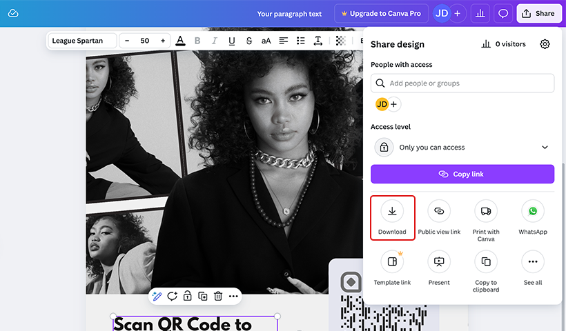 Klik på 'Del' og download QR-koden på flyers