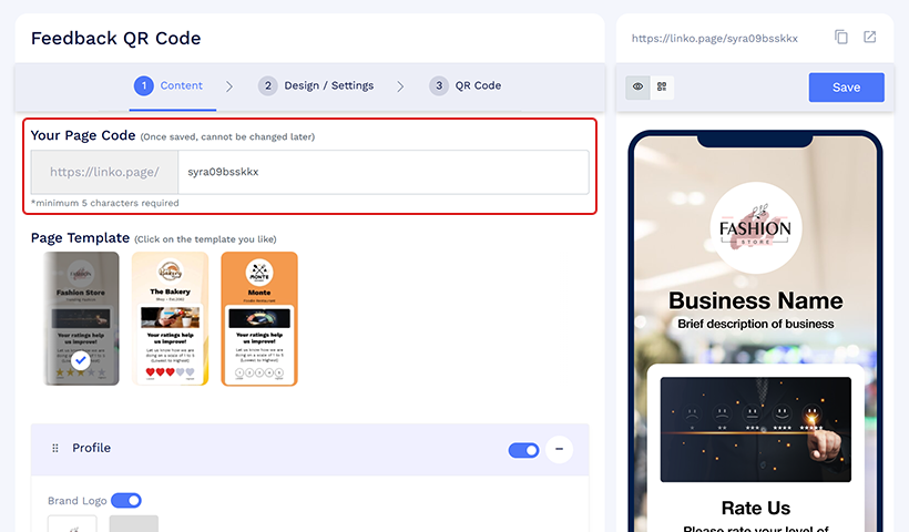 Step 2 (optional): Enter your page code.

Your page code is a unique identifier for your feedback page. Once saved, it cannot be edited later.