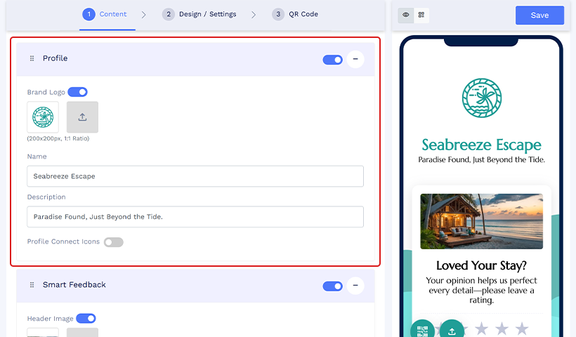Step 4: Fill in the ‘Profile’ section.

4.1: Add your brand logo, business name, and description in the Profile section.