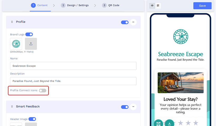 Toggle ON the ‘Profile Connect Icons’ button if you want to add your mobile number, email, WhatsApp contact, location, and more. 