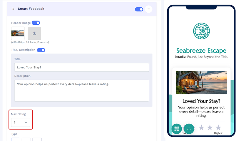 Now, set the maximum rating threshold, i.e., up to 5 or 10, and select the icon (stars, hearts, or numbers). If you set the rating limit to 10, you can only choose the number icon.
You can hide the label below the rating scale by disabling the radio button for the lowest and highest rating labels.